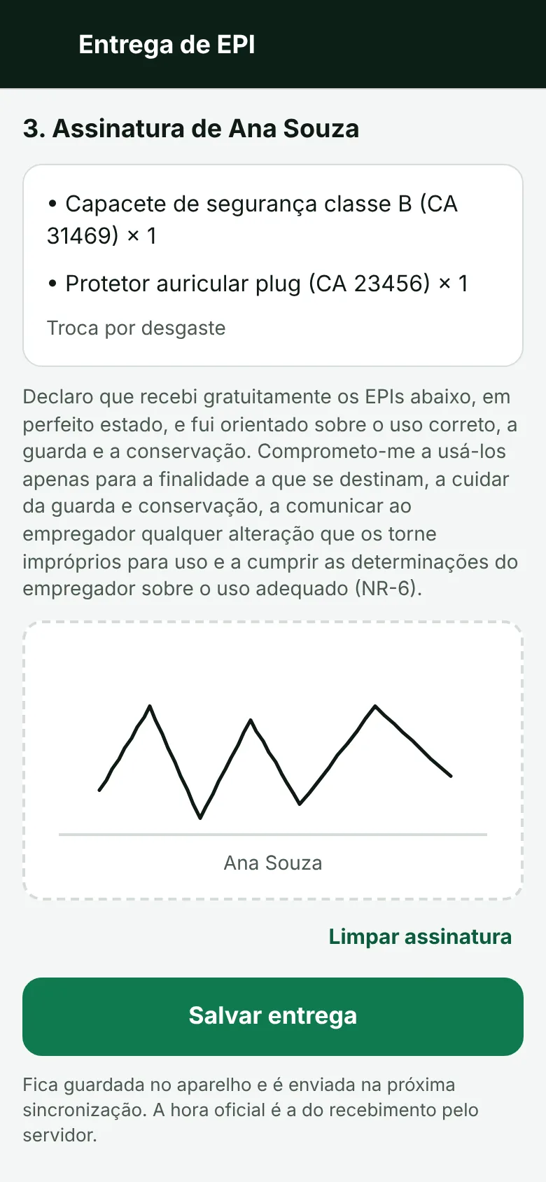 App de campo: assinatura da entrega de EPI no celular