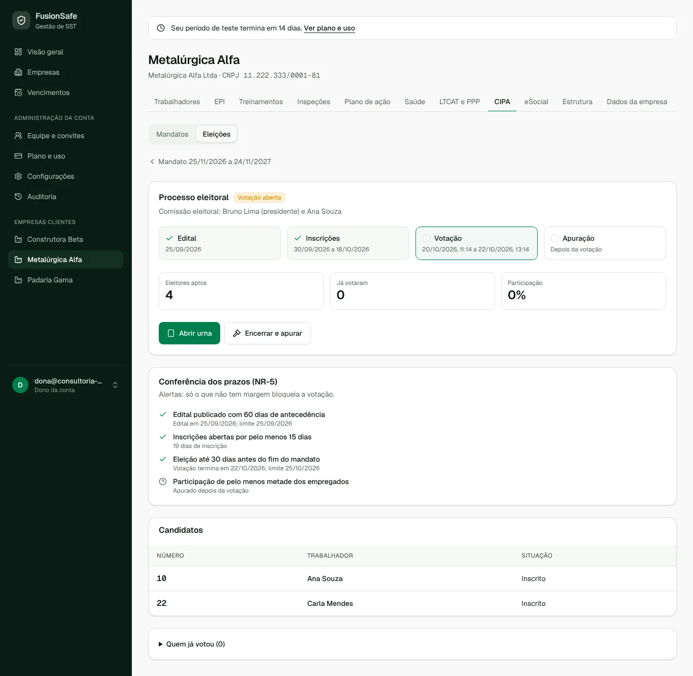 Tela de CIPA no FusionSafe