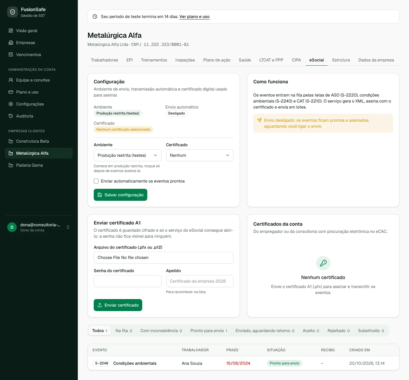 Tela de eSocial SST no FusionSafe