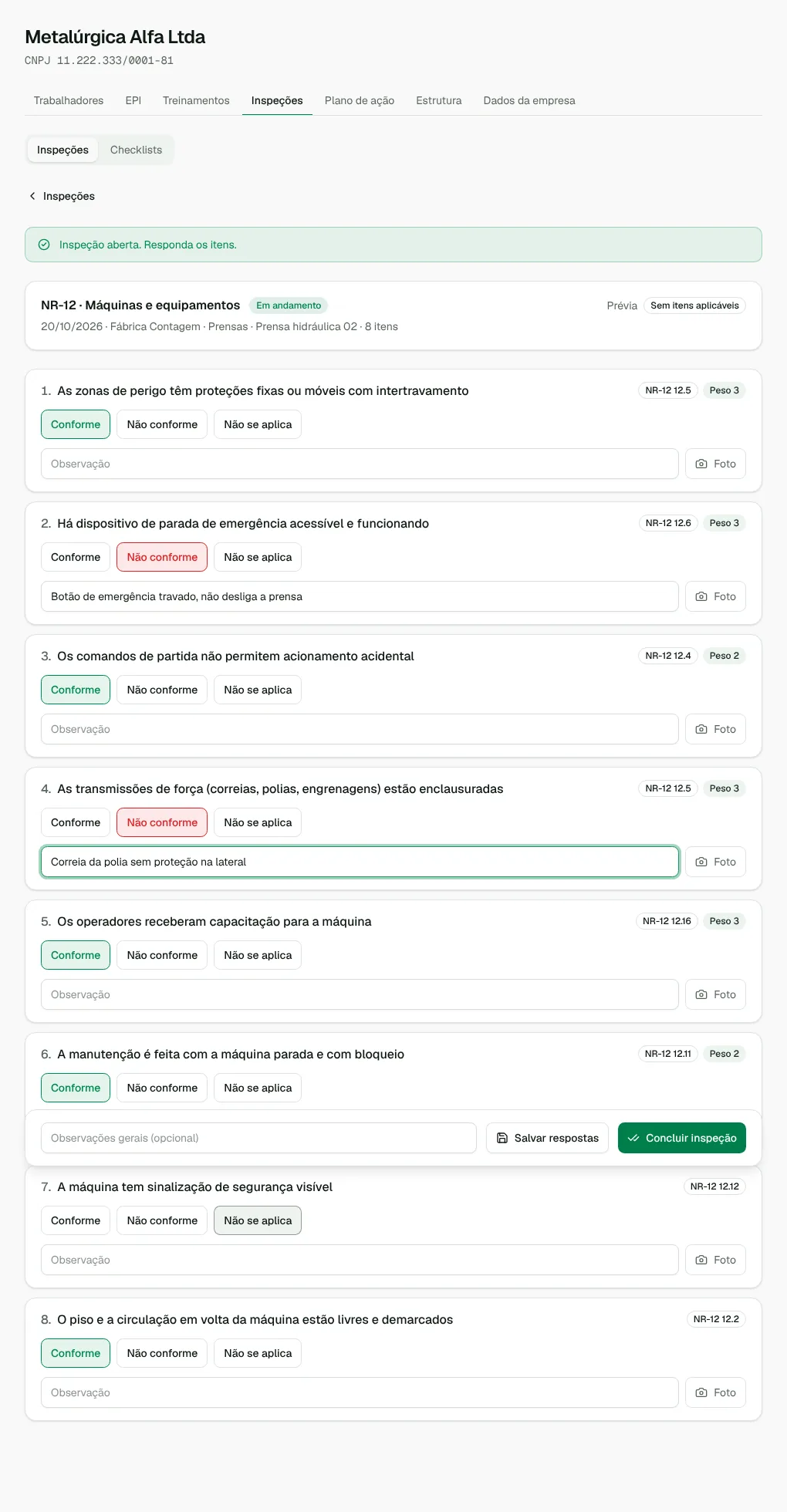 Tela de Inspeções e checklists no FusionSafe