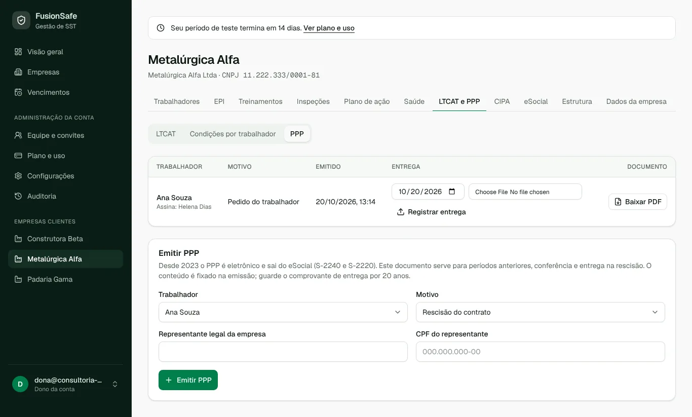 Tela de LTCAT e PPP no FusionSafe