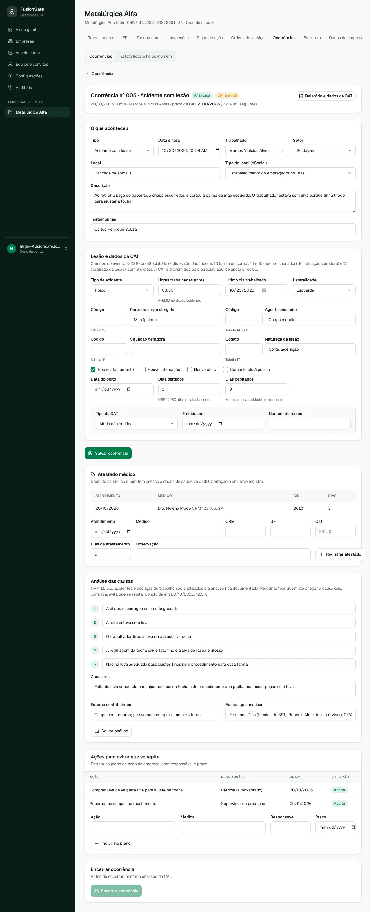 Tela de Ocorrências e CAT no FusionSafe