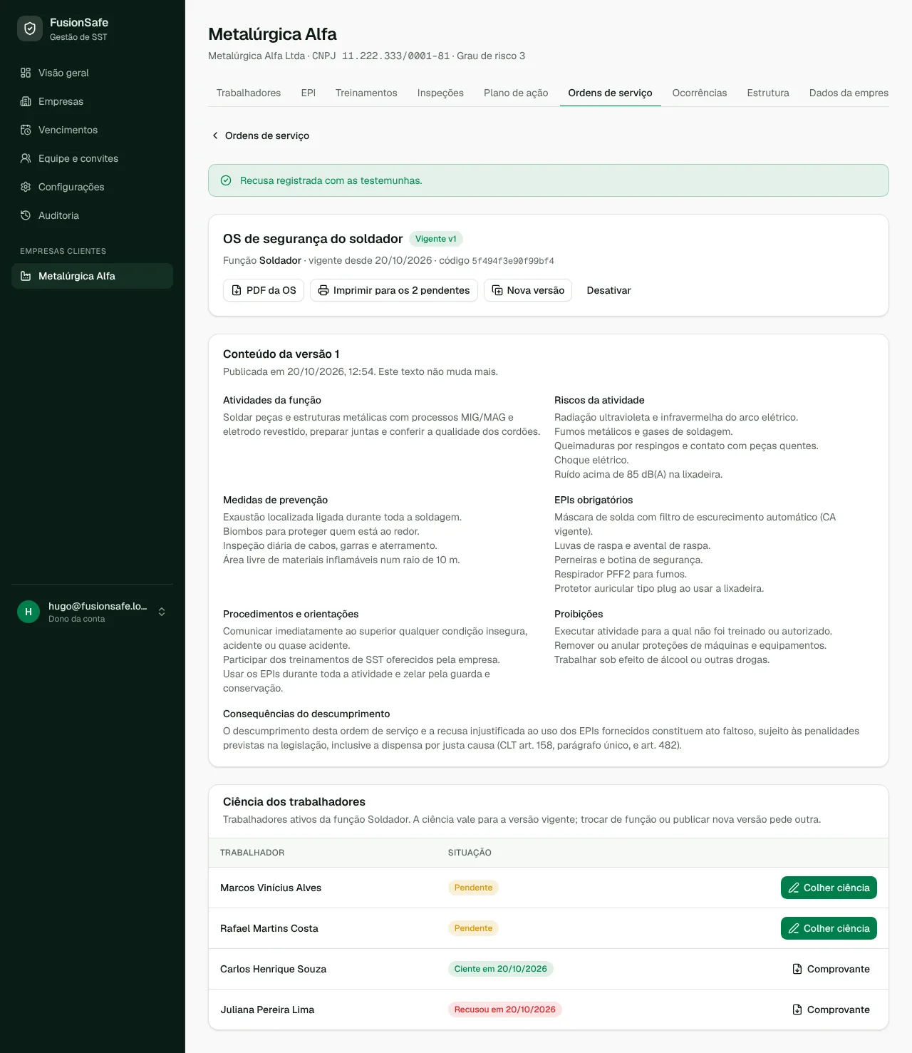 Tela de Ordens de serviço no FusionSafe