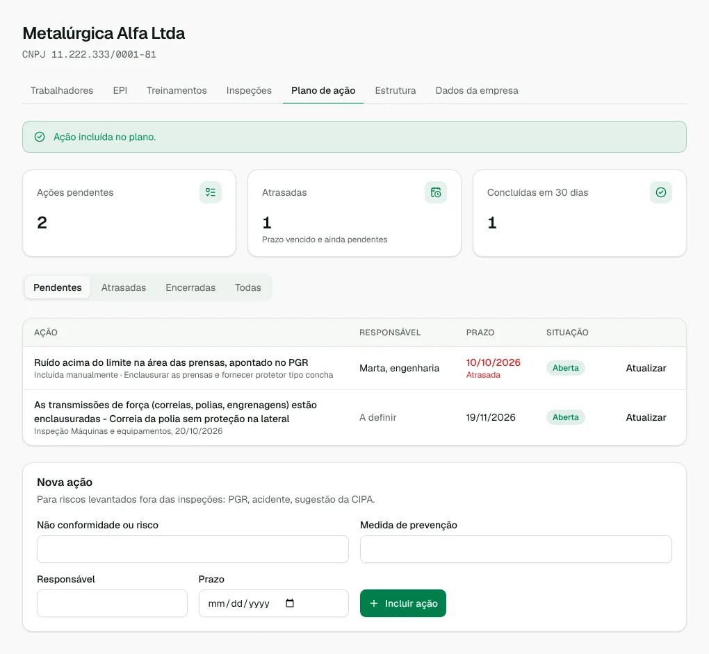 Tela de Plano de ação no FusionSafe