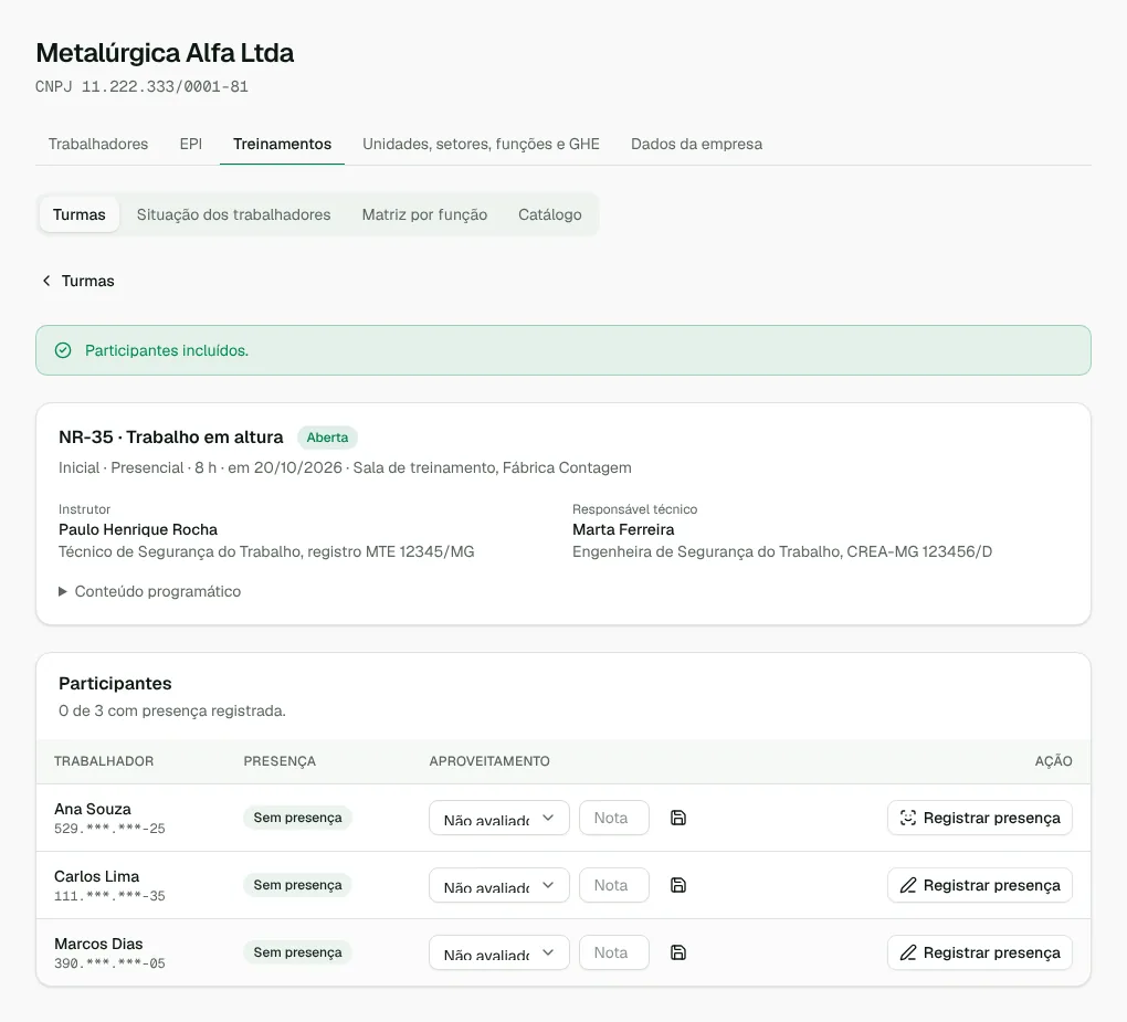 Tela de Treinamentos e certificados no FusionSafe